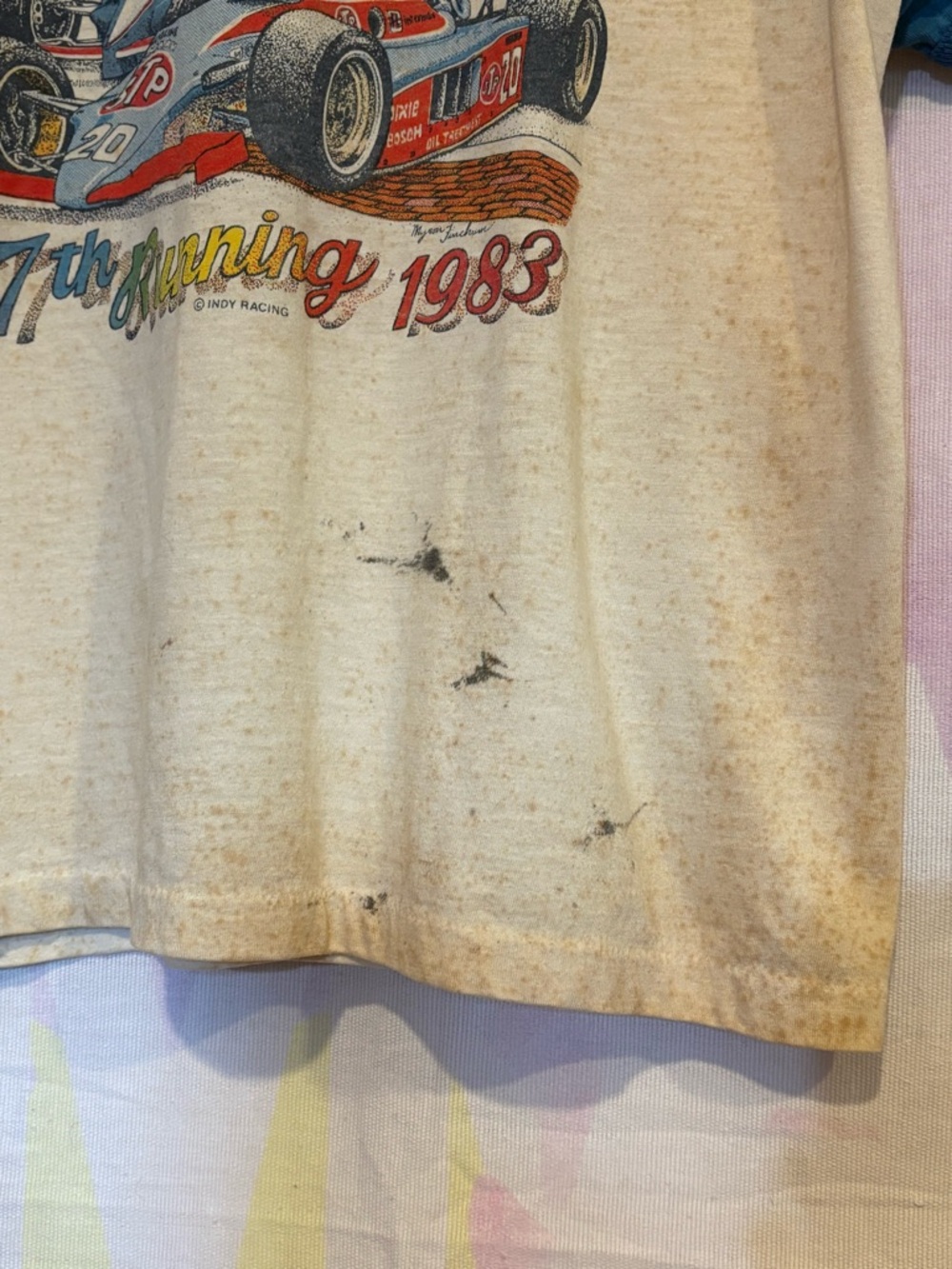 Indianapolis 500 Men's Raglan Tee Cream & Blue Vintage Racing Graphic 1983 RARE - Picture 3 of 10